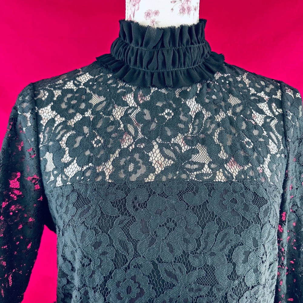 TUCKERNUCK Black Lace Ruffle Peplum Myla Top Mock Neck Long Sleeve Blouse XS - Picture 17 of 17